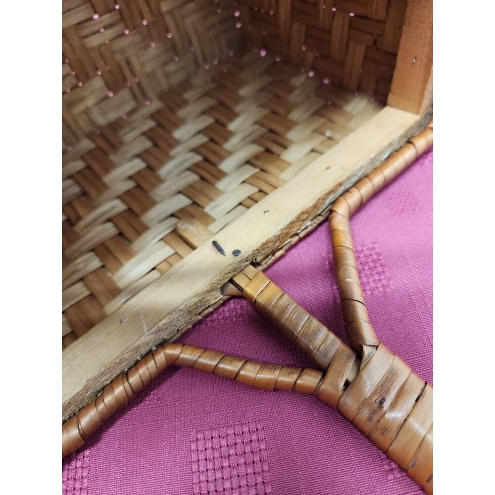 MCM Yugoslavian Herringbone Rattan Woven Basket W Handle Geometric 9